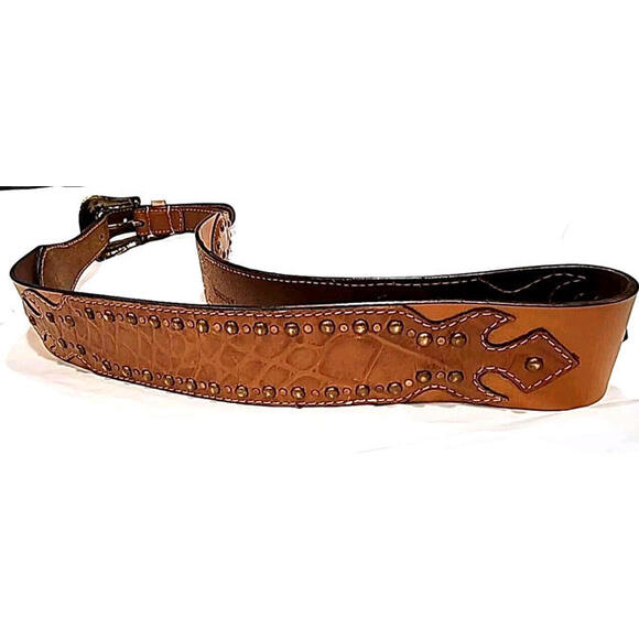 Chicos Brown Leather Western Style Belt + Buckle Size M Adjustable - Picture 3 of 6